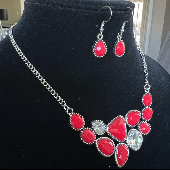 NEW necklace and Earring Set custom Jewelry, red and silver tone - Picture 2 of 10